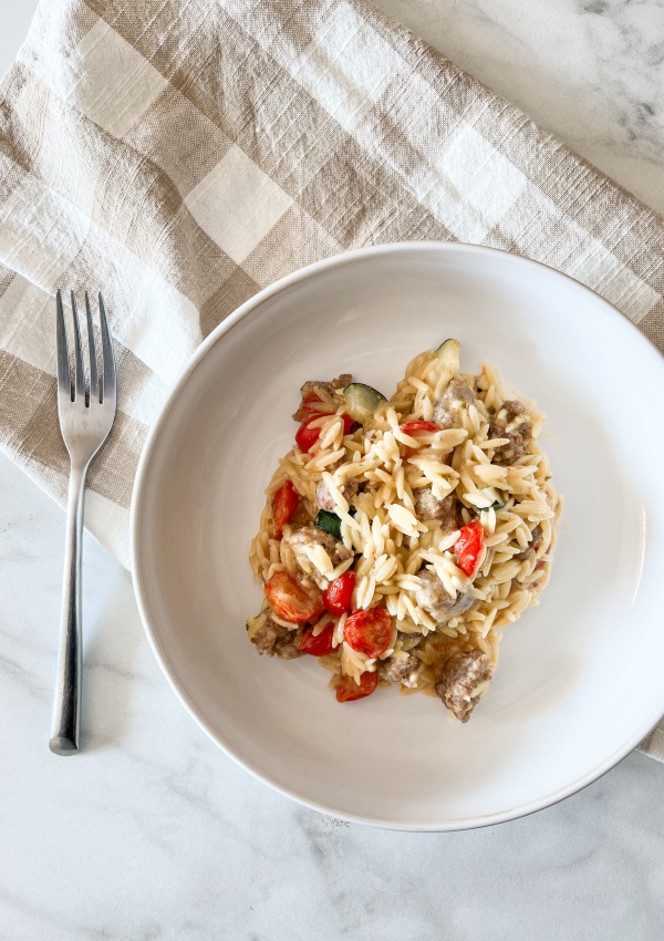 One Pot Garden Veggie + Boursin Orzo